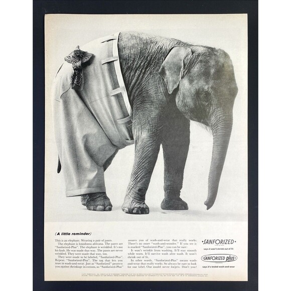 Sanforized Plus Pants Wrinkled Elephant wears unwrinkled pants Vtg Print Ad 1963 - Picture 3 of 3